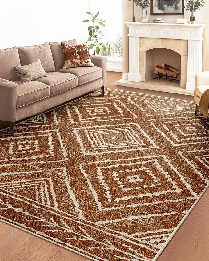 Area Rug 6x8 Rug Machine Washable Non-Slip Low Pile Print Pattern Western Rug for Living Room Bedroom Entryway Tribal Series-Yellowbrown/Cream