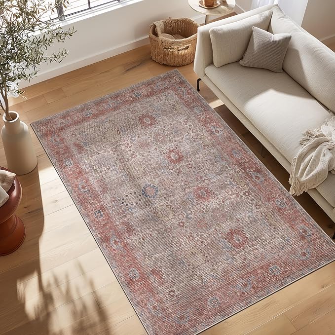 Kuden 4x6 Area Rug, Machine Washable Area Rug with Non-Slip Backing, Vintage Style, Soft, Easy Clean, Low Pile Rug for Living Room, Bedroom, Dining Room