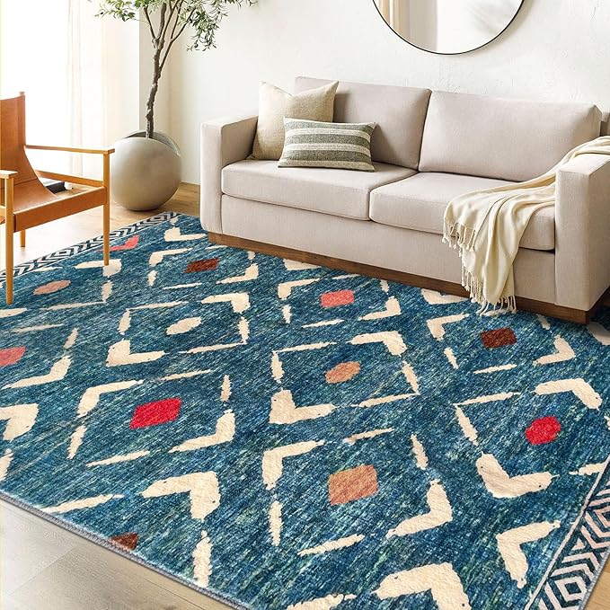 KILOCOCO Living Room Rug 5x7 Area Rug Printed Boho Washable Bedroom Rugs Non Slip Soft Large Moroccan Rubber Backed Indoor Rugs for Dining Room Office Farmhouse Geometric Carpet, Teal/Blue
