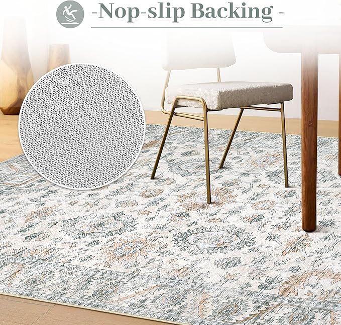 Area Rug 8x10 Living Room Rug, Machine Washable Vintage Distressed Boho Area Rug Non-Slip Soft Low Pile Large Indoor Rugs for Bedroom Kitchen Dining Room Office(Brown Green,8'x10')