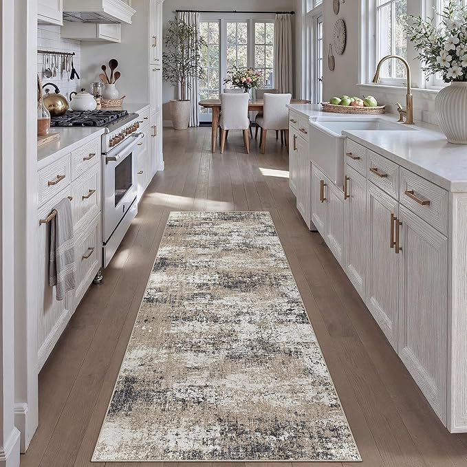 2x6 Abstract Runner Rug Brown Washable Modern Hallway Carpet Non Slip Ultra Soft Neutral Low Pile Contemporary Long Rug for Bathroom Laundry Kitchen Bedroom