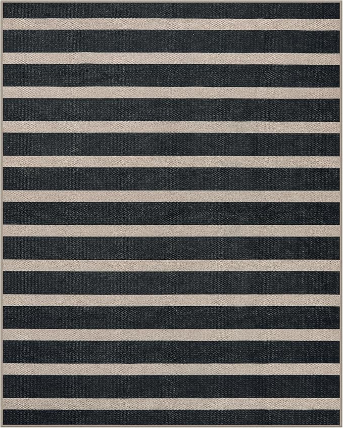 Lahome Striped Easy Jute Outdoor Rug 8x10, Washable Living Room Patio Rug Black Indoor Outdoor Carpet, Farmhouse Geometric Non Slip Non Shedding Carpet for Office Backyard Dining Room