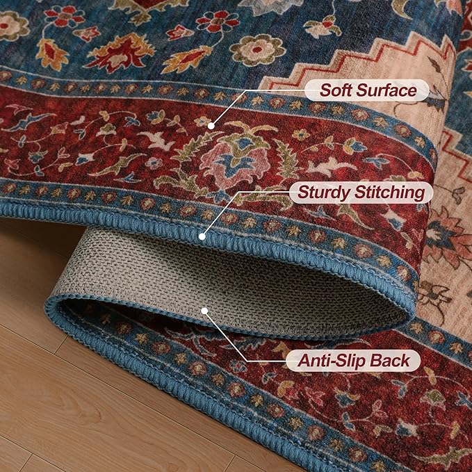 Tangsoo 2x6 Washable Runner Rug for Hallways, Non Slip Vintage Runner Rug, Soft Boho Low Pile Long Rug Runner, Print Distressed Red Carpet Runners for Kitchen Bedroom Entryway Living Room Oriental