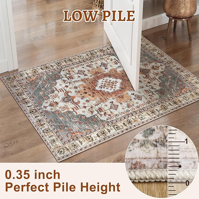 Tangsoo 2x6 Washable Runner Rug for Hallways, Non Slip Vintage Rugs, Soft Low Pile Long Rug, Print Distressed Turmeric Carpet Runners for Kitchen Bedroom Entryway Bathroom Living Room
