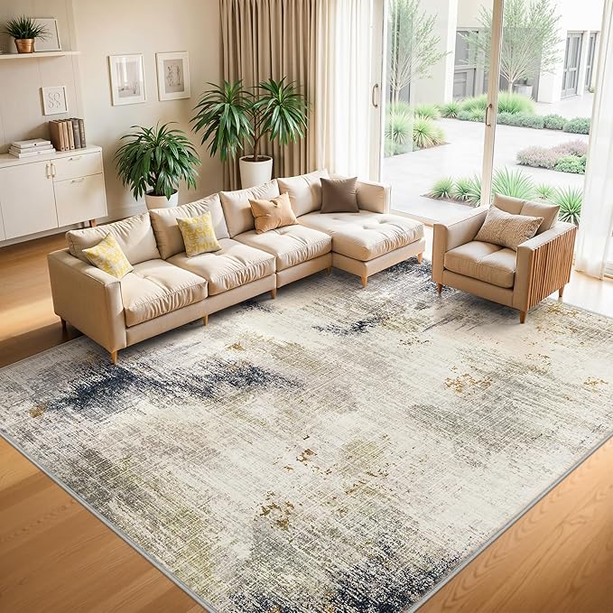 10x14 Washable Area Rugs - Modern Abstract Large Rugs for Living Room Non-Slip Low Pile Soft Machine Washable Carpet for Bedroom, Under Dining Table, Nursery, Farmhouse (10'x14' Beige Tan)