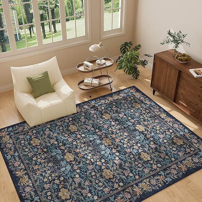 DUKINO 5x7 Area Rugs, Floral Washable Rugs for Bedroom with Non Slip Backing, Vintage Low Pile Indoor Floor Carpets for Bedroom, Living Room, Farmhouse, Home Office, Dining Room, Dark Blue