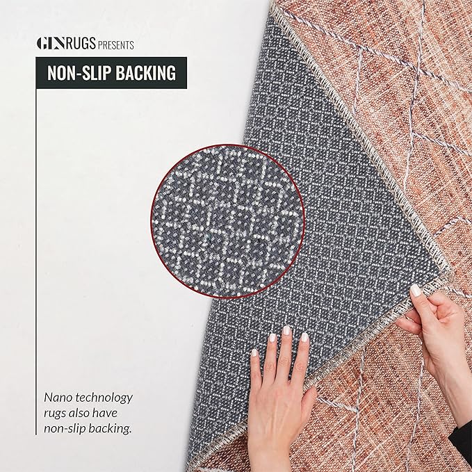 GLN Rugs Traditional Collection - Machine Washable Area Rug, Traditional Washable, Non Slip, Low Pile Chenille Rug, Living Room, Bedroom, Kitchen Rug (5'3" Round Terra/Slate Blue)