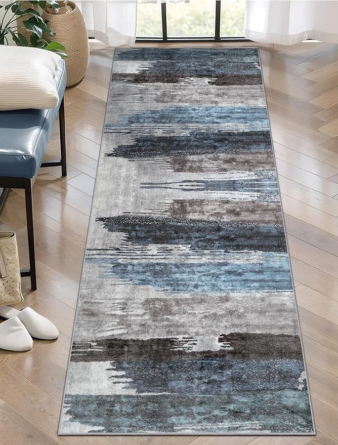 Ciicool 3x8 Washable Runner Rug, Modern Abstract Hallway Rugs Runner, Non-Slip Thin Accent Rug Lightweight Navy Grey Print Distressed Carpet for Kitchen Laundry Entryway Bedroom Indoor