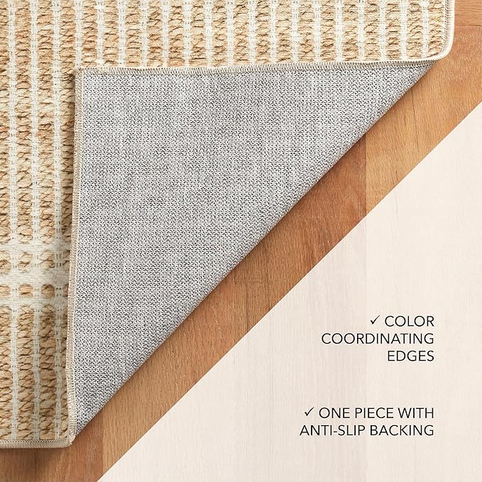 Dash and Albert Arbor Machine Washable Area Rug - 4' x 6' Neutral Stripe Washable Accent Rug Stain-Resistant, Anti-Slip, High Traffic Kitchen, Hallway, Mudroom