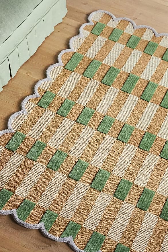 Hand-Tufted Wool Area Rug with Scalloped Edges, Beige and Green Plaid Pattern, Cozy and Soft Accent Rug for Living Room, Bedroom, and Nursery, Handmade Decorative Rug, 3x5 Ft
