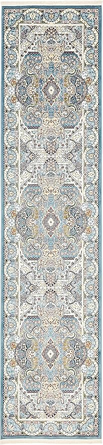 Unique Loom Narenj Collection Classic Traditional Medallion Textured Design Area Rug, 3 x 13 ft, Blue/Tan