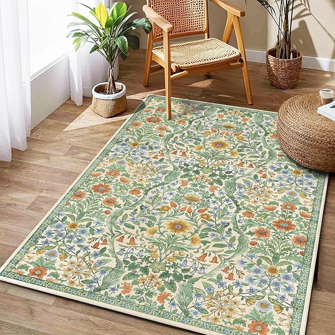 3x5 Grass Green Boho Floral Vintage Area Rug,Soft Lightweight Low Pile Non-Shedding Carpet,Machine Washable Stain Resistant & Non-Slip for Entryway,Bedroom, Kids Room,Living Room