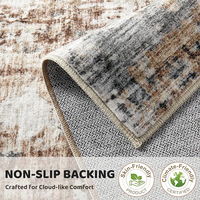 Washable Runner Rug for Hallway: 2x6 Neutral Modern Abstract Low Pile Area Rug with Non-Slip Backing - Carpet for Bedroom Kitchen Laundry Entryway Bathroom Indoor - Grey Brown
