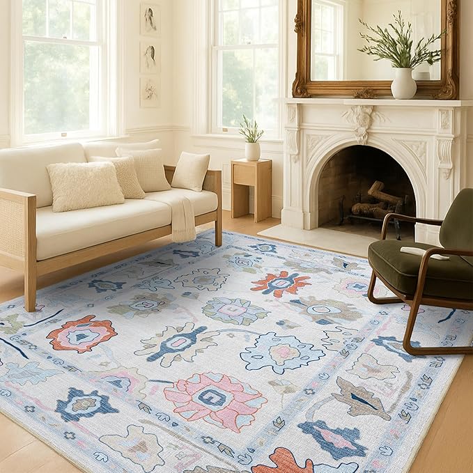 Fame Living Cream Oushak Rug, Modern, Vintage, Turkish, Eclectic, Floral, Pastel, Washable, Extra Large Area Rugs for Living Room, Dining, Bedroom, Lounge, 9'x12'