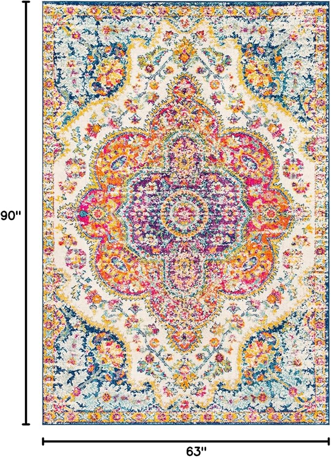 Livabliss Area Rugs - 5x7 Romaine Vintage Boho Fuchsia Mustard Blue Area Rug for Living Room Bedroom - Floral Medallion Stain Resistant Carpet for Kitchen, Nursery, Office (5'3" x 7'6")