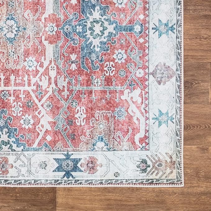 Bloom Rugs Washable Non-Slip 4' x 6' Rug - Red/Blue Traditional Area Rug for Living Room, Bedroom, Dining Room, and Kitchen - Exact Size: 4' x 6'