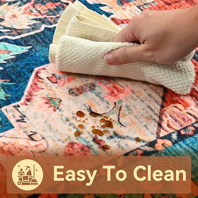 YJ.GWL Area Rugs for Living Room 8x10 Machine Washable Rugs, Non Slip Floral Vintage Rug Indoor Carpet, Stain Resistant Large Rug for Bedroom Dining Room, Red Blue Gradient Color