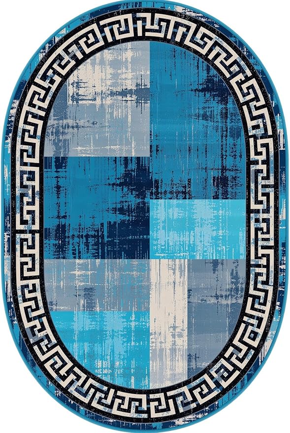 Blue Grey Black Greek Key Pattern Bordered Design Large Carpet for Living Room Bedroom Dining Room Soft Non Slip Low Pile Area Rug 12x14 Farmhouse Doormats Vintage Distressed Home Office Oval Rugs