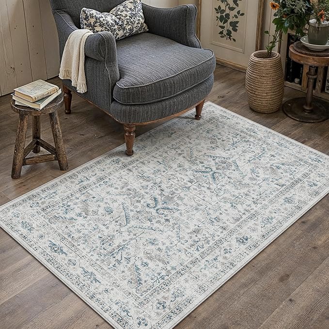 Blue 4x6 Entryway Rug Vintage Area Carpet Indoor Office Washable Door Mat Entrance Small Low Pile Traditional Distressed Retro Accent Throw Rug Non Slip Kitchen Bathroom