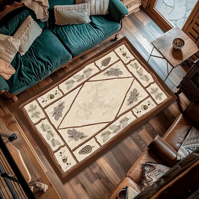 Country Cottage Deer Area Rugs 4x5ft Animal Plant Pine Cone Leaves Branches Patchwork Pattern Featured Indoor Floor Rugs, Vintage Style Non-Slip Non-Shedding Rugs for Farmhouse Office Living Room