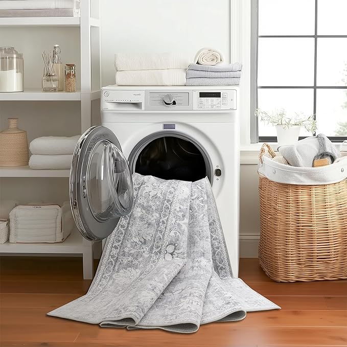 ReaLife Rugs Machine Washable Area Rug - Living Room Bedroom Bathroom Kitchen Entryway Office - Padded Low Pile Stain Resistant Premium - Boho Farmhouse Vintage - Noor - Silver Ivory 7'6" x 9'6"
