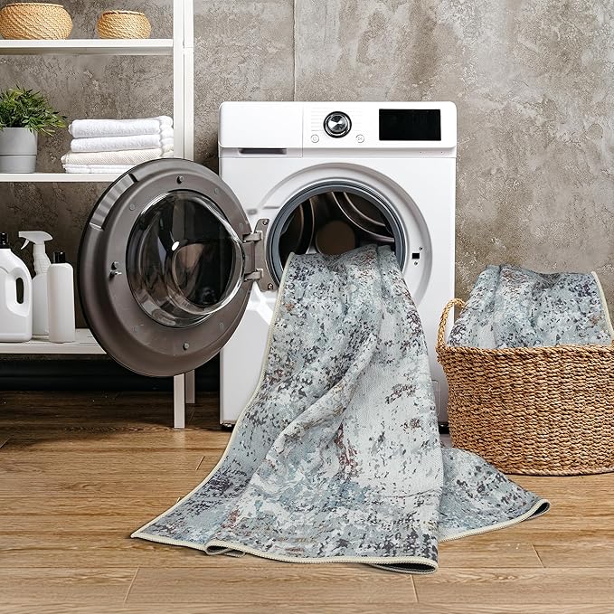 GLN Rugs Contemporary Collection - Machine Washable Area Rug, Contemporary Washable, Non Slip, Low Pile Chenille Rug, Living Room, Bedroom, Kitchen Rug (3' x 5' White/Grey/Blue/Brown)