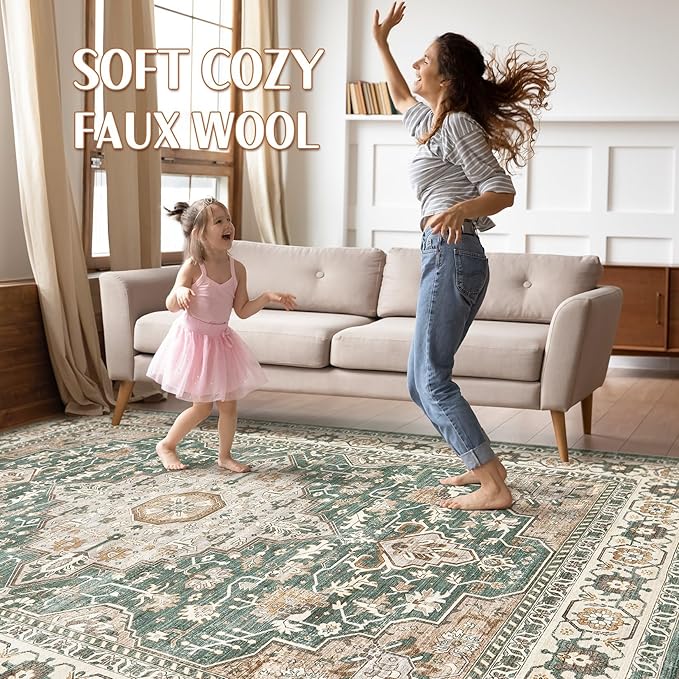 9x12 Area Rug Living Room: Machine Washable Boho Large Vintage Soft Rugs Stain Resistant Farmhouse Oriental Non Slip Indoor Floor Carpet for Bedroom Nursery Kids Playroom Office Dining Room- Green