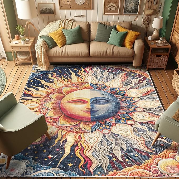 Ambesonne Sun and Moon Decorative Rug, Modern Esoteric Celestial Lunar Motif with Boho Paisley Details, Quality Carpet for Bedroom Dorm and Living Room, 2' 2" x 3' 7", Pale Orange Indigo Beige