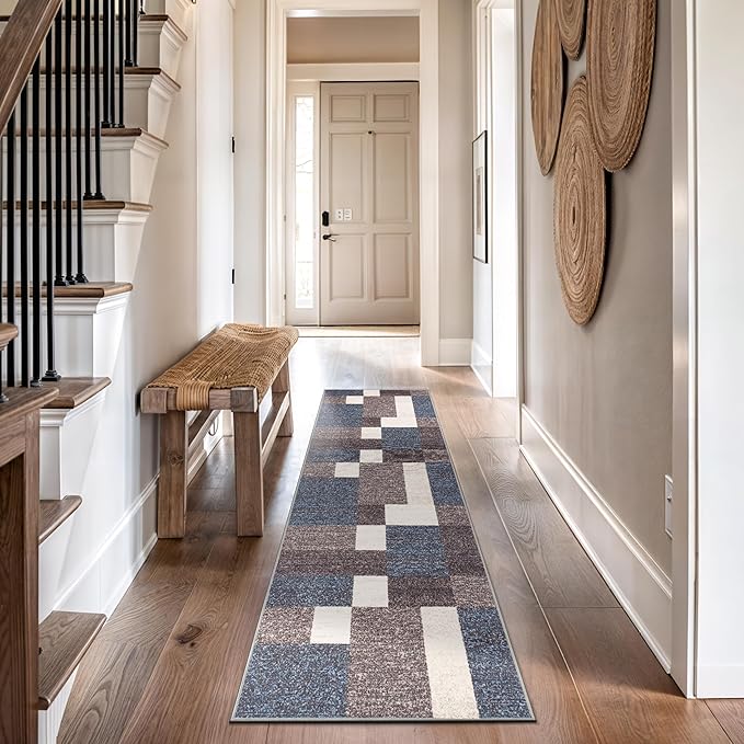 Rugshop Geometric Modern Boxes Design Non-Slip (Non-Skid) Carpet for Hallway,Kitchen,Entryway Runner Rug 2'7" x 10' Blue