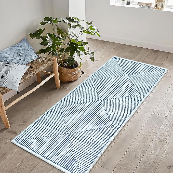 Bloom Rugs Washable Non-Slip 10 ft Runner - Blue/Ivory Striped Runner for Entryway, Hallway, Bathroom, and Kitchen - Exact Size: 2.5' x 10'