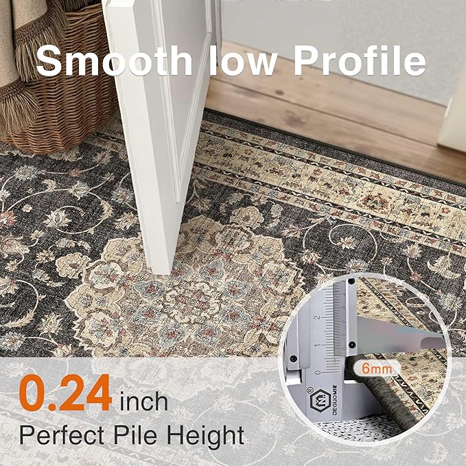 HUGEAR Machine Washable Hallway Runner Rugs 2x6 Vintage Black Neutral Style Non Slip Stain Resistant Low Pile Throw Carpet for Bedroom Kitchen Retro Aesthetic Modern Decor