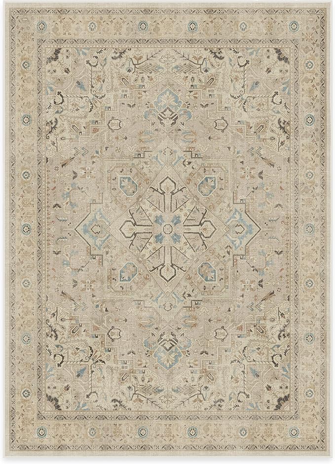 RUGGABLE Washable Vintage Area Rug – Kamran Ivory Opal 5x7, Stain-Resistant, Non-Slip – Medium Machine Washable Rugs for Living Room, Bedroom, Hallway, Entryway & Office–with Cushioned Pad