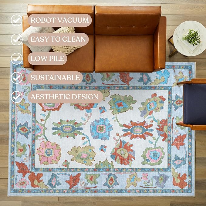 Fame Living Oushak Rug, Colorful Vintage Eclectic Turkish Floral Pastel Large Oversized Area Rugs for Living Room Dining Bedroom Kitchen Bathroom 2'x3'