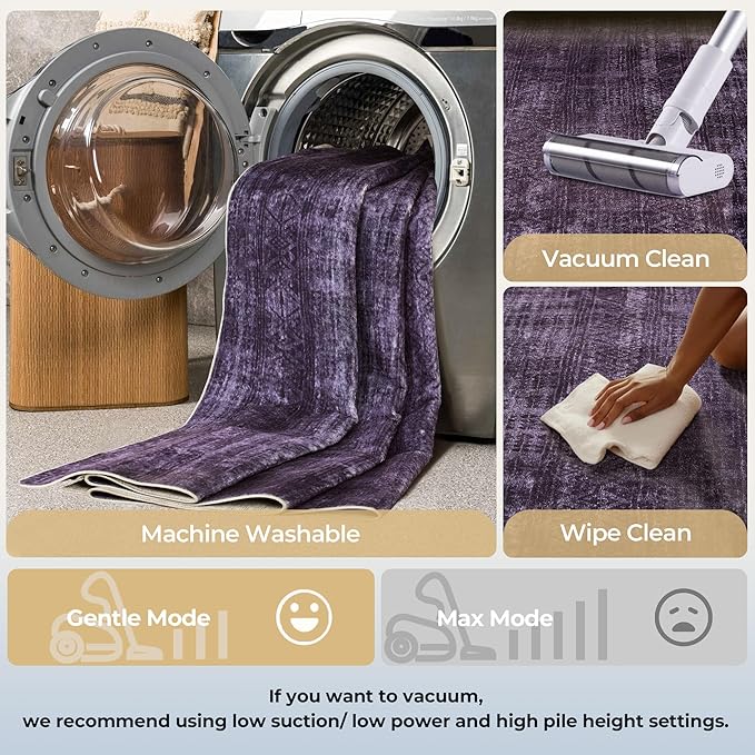 Kokia Abstract Area Rugs 8x10 Bedroom Soft Living Room Rugs Washable Distressed Vintage Comfy Carpet with Non-Slip Backing for Farmhouse Home Office Room Decor, Purple Rug, Oslo Dusty