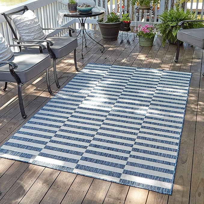 Unique Loom Outdoor Striped Collection Area Rug - Striped (4' 1" x 6' 1" Rectangle, Blue/Ivory)