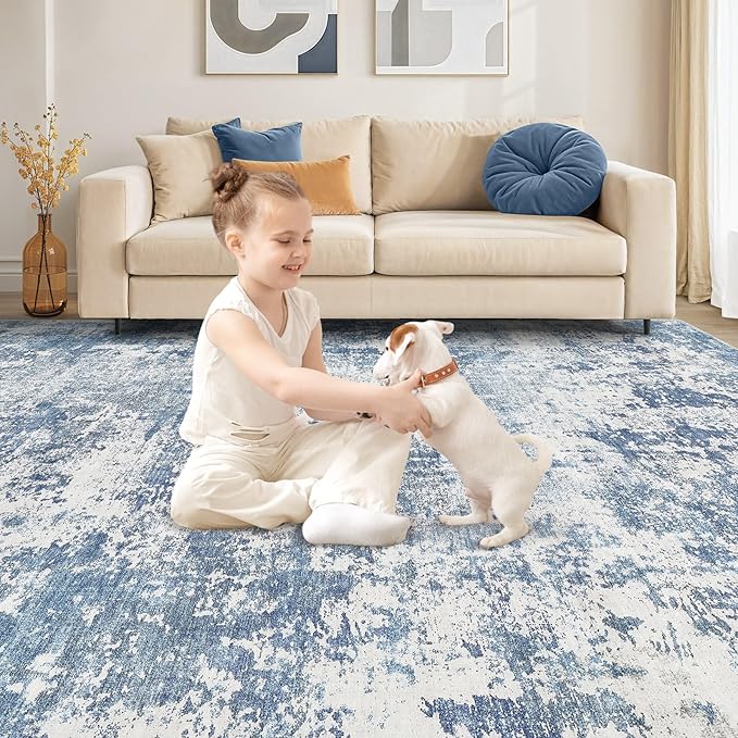 6x9 Area Rug Living Room Rugs - Washable Neutral Modern Abstract Soft Thin Rug Indoor Floor No Slip Rug Carpet for Bedroom Under Dining Table Home Office Decor - Blue White