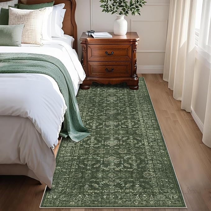 Washable Area Rug 2.6x8 Green Runner Rugs for Living Room, Vintage Boho Hallway Large Rug for Bedroom Dining Room Office, Distressed Floral Carpet for Under Table, Soft Non Slip Low Pile Throw Carpet