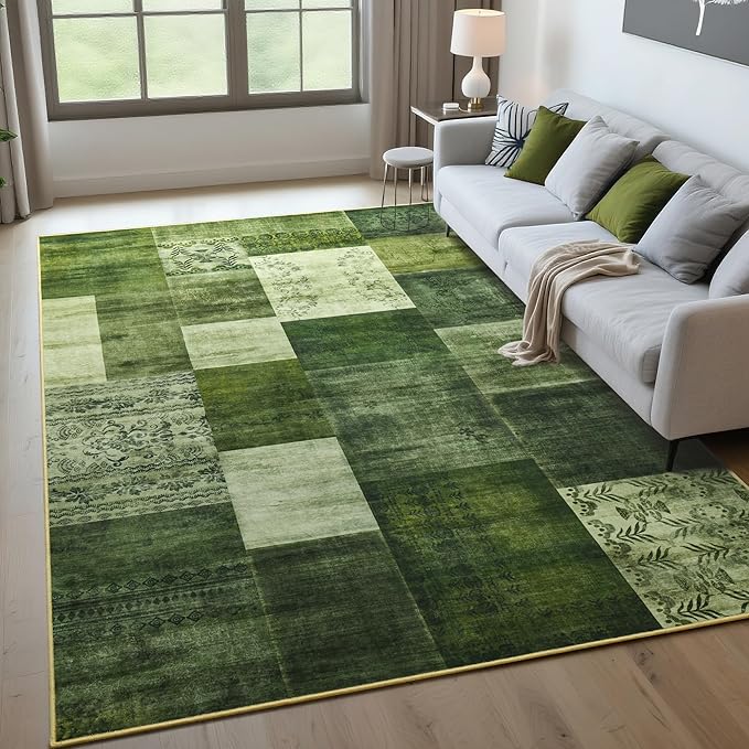 Tepook Modern Area Rug for Living Room, 8x10 Geometric Large Rugs for Bedroom, Washable Patchwork Rug Indoor Non-Slip Throw Carpets for Dining Room Office Farmhouse Home Decor, Green