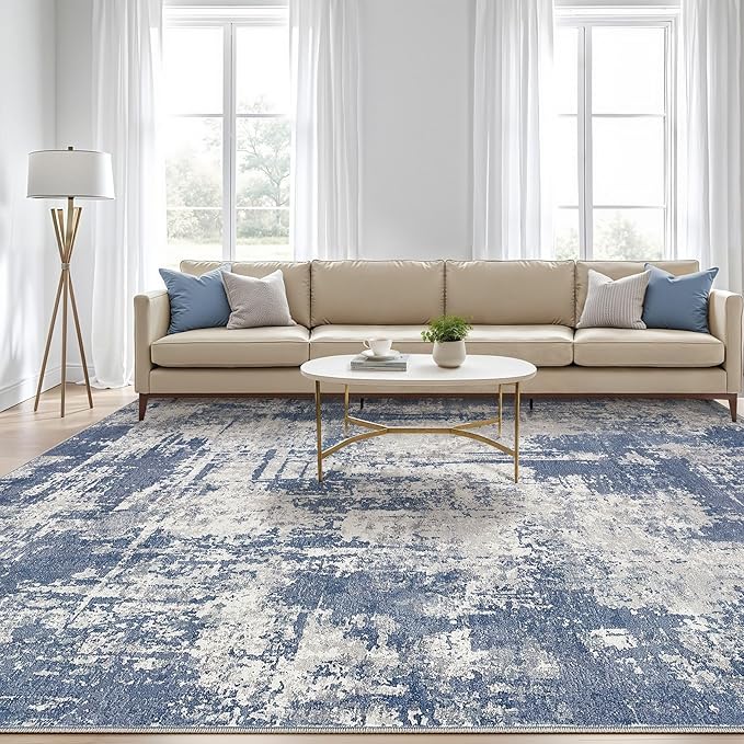 10x14 Area Rugs Living Room: Washable Large Abstract Modern Soft Rug Stain Resistant Indoor Floor Non Slip Accent Carpet for Bedroom Nursery Playroom Office Dining Room Dorm Home House- Navy Grey