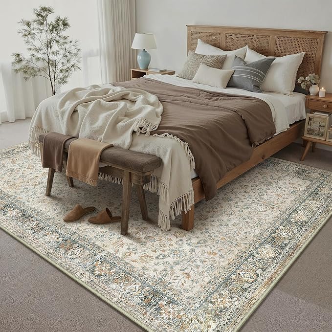 Beige Area Rug 8x10 Living Room Machine Washable Vintage Carpet Non Slip Indoor Retro Traditional Accent Throw Large Rug for Office Bedroom Dining Room Playroom
