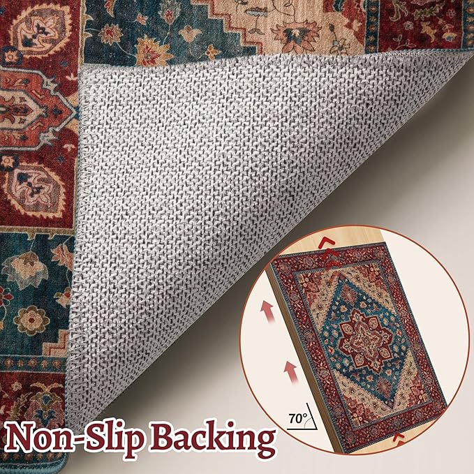 Tangsoo Oriental Red Rug 5x7 Washable Area Rugs for Living Room, Vintage Indoor Non Slip Large Area Rugs, Print Distressed Carpet, Soft Boho Low Pile Foldable Floor Rug for Bedroom Dining Room
