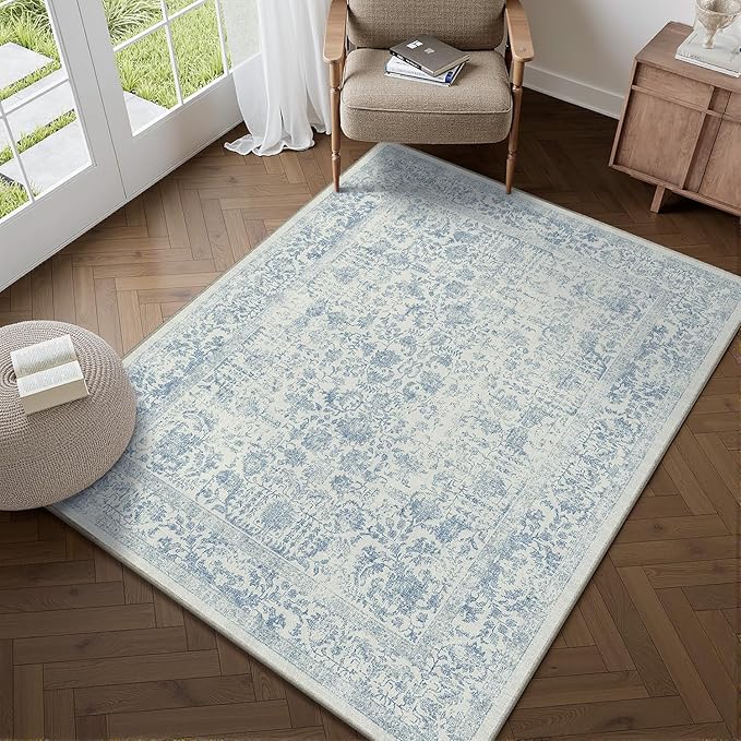 Blue Area Rug 4x5 Office Entryway Rug Machine Washable Kitchen Vintage Distressed Non Slip Carpet Indoor Retro Floral Accent Throw Door Mat for Bathroom Bedroom Dining Living Room