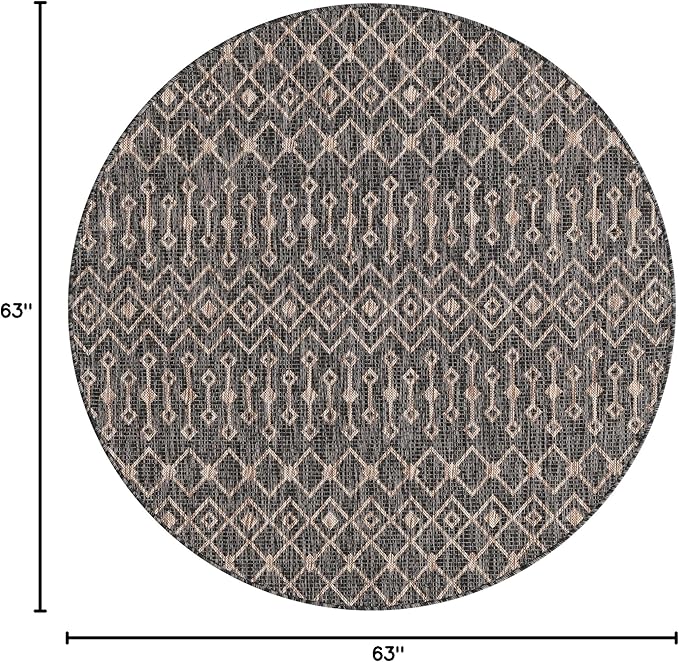 Unique Loom Outdoor Trellis Collection Area Rug - Tribal Trellis (5' 3" Round, Charcoal Gray/ Natural)