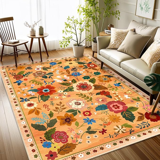 Floral 3x5 Area Rug Machine Washable Soft Print Boho Carpet Non Slip Doormat Low Pile Flower Area Rugs for Living Room Bedroom Nursery Kitchen Dining Room Indoor-Yellow/Orange