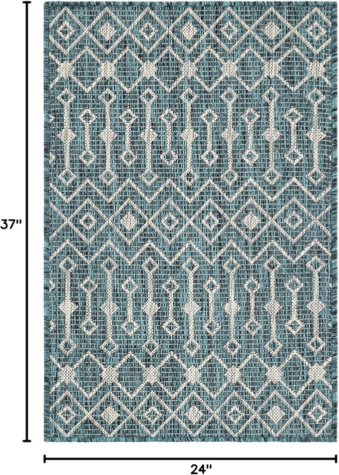 Unique Loom Outdoor Trellis Collection Area Rug - Tribal Trellis (2' x 3' 1" Rectangle Teal/Ivory)