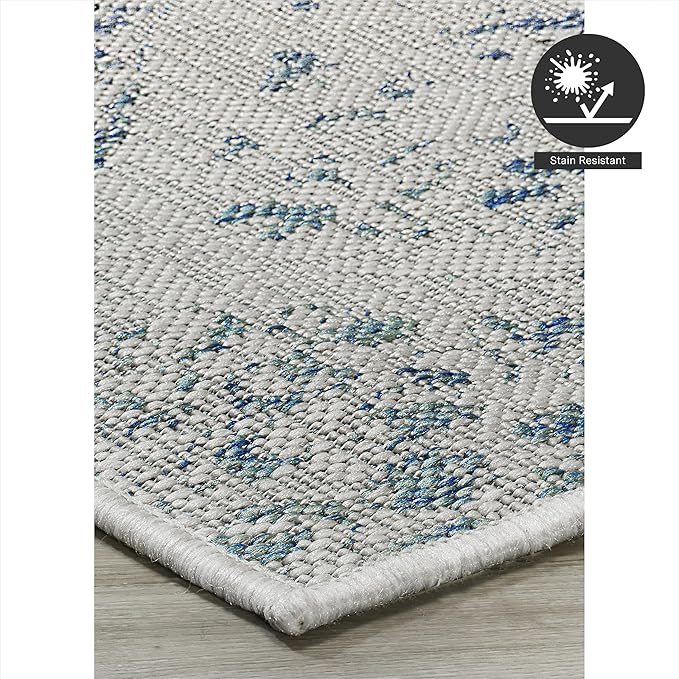 FH Home Outdoor Rug - Waterproof Easy to Clean Stain Resistant - Patio Indoor Outdoor Porch Deck Balcony Entryway - Distressed Farmhouse - Granada - Aqua - 6' x 9'