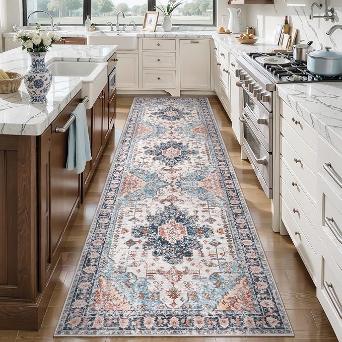 Tangsoo 3x10 Runner Rug for Hallway Long Washable Hallway Runner Rugs, Non Slip Vintage Soft Low Pile Rug Runner, Indoor Oriental 10ft Carpet Runners for Living Room Kitchen Bedroom Blue/Orange