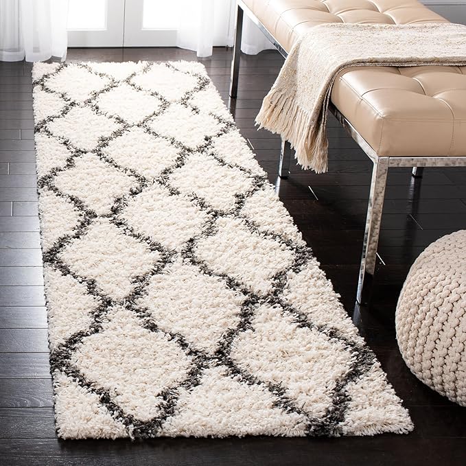 SAFAVIEH Dallas Shag Collection Runner Rug - 2'3" x 12', Ivory & Dark Grey, Trellis Design, Non-Shedding & Easy Care, 1.5-inch Thick Ideal for High Traffic Areas in Living Room, Bedroom (SGD257H)