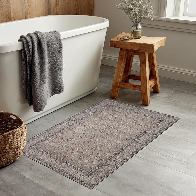 Kuden 3x5 Small Rug, Machine Washable, Non-Slip Backing, Vintage Style, Soft, Low Pile, Area Rugs for Entryway Kitchen Indoor Entrance