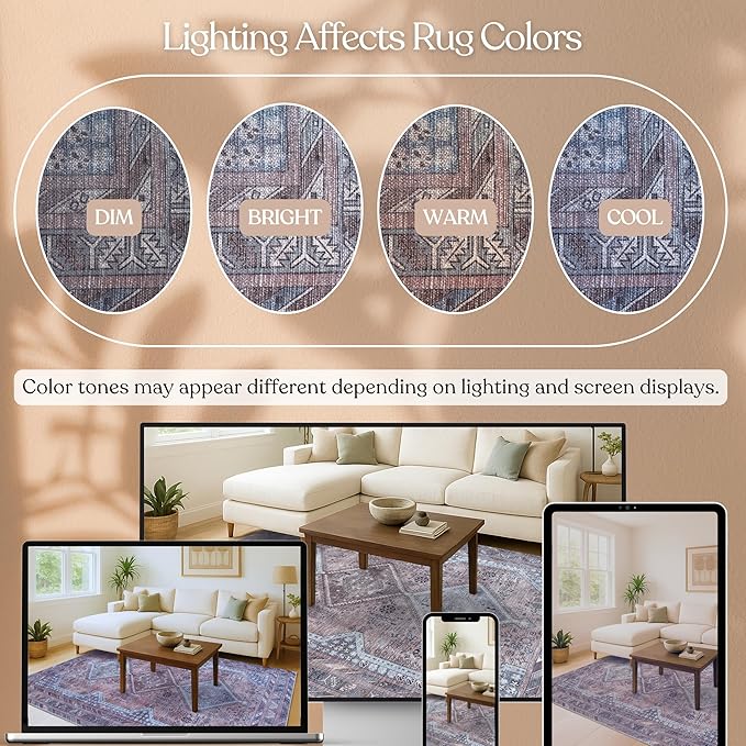 Washable Area Rug. Modern Farmhouse. Vintage. Turkish. Bohemian. Distressed. Oriental. Traditional. Rugs for Living Room. Dining. Bedroom. Office. Entryway. Foyer. (863BM, 7'5" x 9'8")